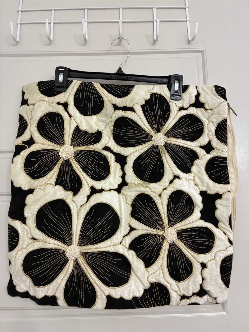 MacKenzie-Childs Black and Cream Floral Embroidered Pillow Cover